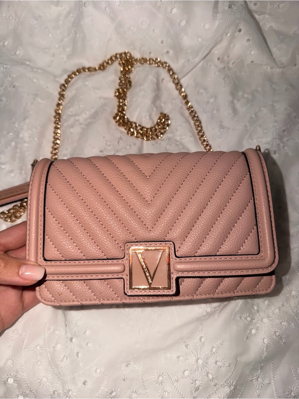 Victoria Secret Pink Quilted Leather Crossbody with Gold Chain